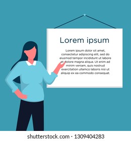 Young business woman standing and pointing on presentation board. Web banner and poster concept. Place your text here.