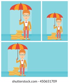 Young business woman standing in the rain and holding an umbrella over gold coins. Business insurance concept. Vector flat design illustration. Square, horizontal, vertical layouts.
