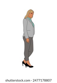 Young business woman standing in smart casual office outfit. Pretty girl with long blond hair. Female cartoon character Outline colored vector drawing isolated on white background.