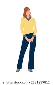 Young business woman standing in smart casual clothes, yellow pullover and blue pants. Cartoon female character vector illustration isolated on white background