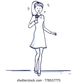 Young business woman stands with a microphone. She sings or speaks. Hand drawn doodle cartoon vector illustration.

