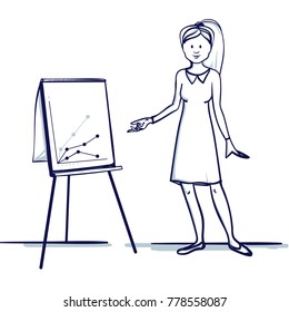 Young business woman stands near the stand and shows on the chart. Hand drawn doodle cartoon vector illustration.
