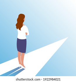 Young business woman stands on the open path of life. Makes a choice and makes a decision. Ahead of new opportunities and work. Vector illustration.