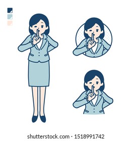 A young Business woman in a suit with be quiet hand sign images.
It's vector art so it's easy to edit.

