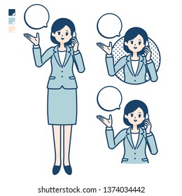 A young Business woman in a suit with Call on smartphone images.
It's vector art so it's easy to edit.

