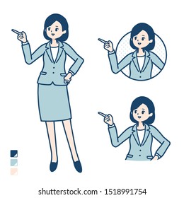A young Business woman in a suit with Explanation Pointing image.
It's vector art so it's easy to edit.

