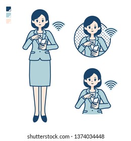 A young Business woman in a suit with Operate smartphone images.
It's vector art so it's easy to edit.

