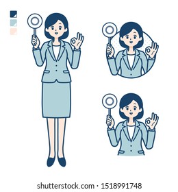 A young Business woman in a suit with Put out a circle panel image.
It's vector art so it's easy to edit.

