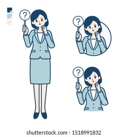 A young Business woman in a suit with Put out a question panel image.
It's vector art so it's easy to edit.


