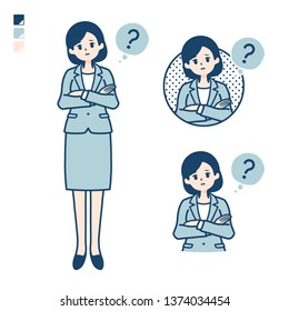 A young Business woman in a suit with Question images.
It's vector art so it's easy to edit.

