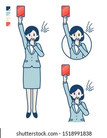 A young Business woman in a suit With a red card images.
It's vector art so it's easy to edit.

