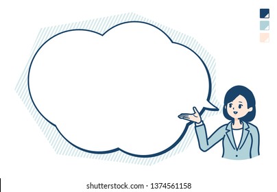 A young Business woman in a suit with text balloon navigation image.
It's vector art so it's easy to edit.

