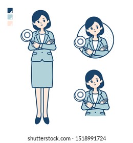 A young Business woman in a suit with Think about the answer image.
It's vector art so it's easy to edit.

