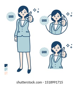 A young Business woman in a suit with Thumbs up images.
It's vector art so it's easy to edit.

