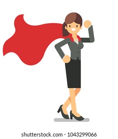 Young business woman in superhero pose wearing a red cloak. Vector character design flat style.