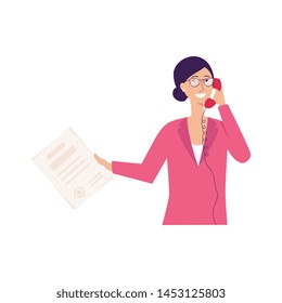 Young business woman talking on the phone, professional businesswoman with old fashioned telephone holding papers and smiling, isolated flat hand drawn vector illustration on white background