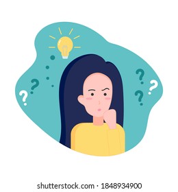 Young business woman thinking standing under question marks. Vector flat cartoon illustration character icon. Business woman surrounded by question marks concept. Women think.
