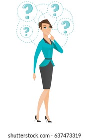 Young business woman thinking. Thinking business woman standing under question marks. Thinking business woman surrounded by question marks. Vector flat design illustration isolated on white background
