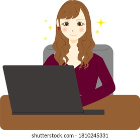 Young business woman using computer. Vector illustration