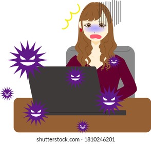 Young business woman using computer. Computer virus.