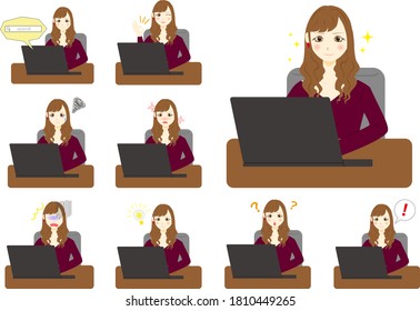 Young business woman using computer. Female facial expression set.