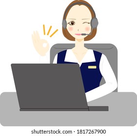 Young business woman using computer. OK sign. 