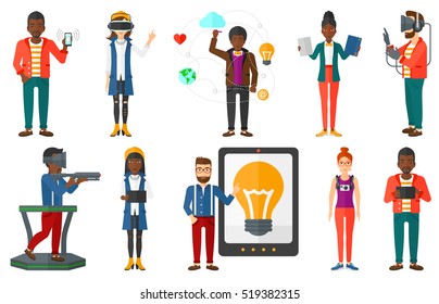 Young business woman using a tablet computer. Businessman working on a tablet computer. Businessman holding tablet computer. Set of vector flat design illustrations isolated on white background.