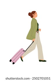 Mujer de negocios joven que camina con la vista lateral de la maleta. Chica bonita en ropa casual inteligente. Concepto de viaje de negocios Ilustración vectorial plana aislada sobre fondo blanco.