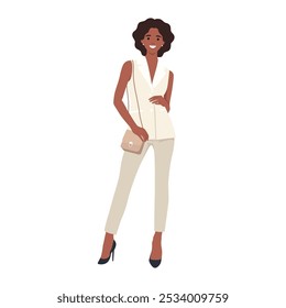 Mujer de negocios joven que lleva la ropa casual con el mini bolso. Ilustración vectorial plana aislada sobre fondo blanco