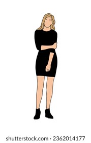 Young business woman wearing smart casual outfit. Pretty female character in black small dress. Attractive girl cartoon outline Vector illustration isolated on white background.