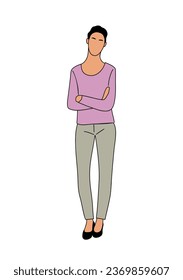 Young business woman wearing smart casual outfit. Pretty female character in gray pants and pink lilac top. Attractive girl cartoon outline Vector illustration isolated on white background.