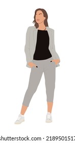 Young business woman wearing suit and sneakers with hands in pockets. Confident feminine business character vector realistic illustration isolated on white background. Full body length side view.