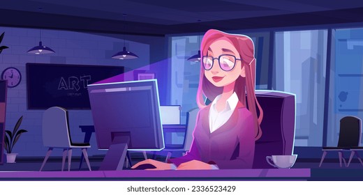 Young business woman working in office at night. Vector cartoon illustration of busy female character wearing eyeglasses and suit typing on desktop computer. Company employee working overtime