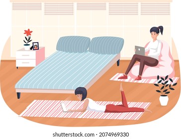 Young business woman is working on laptop computer. Secretary employee in office workspace, businesswoman person, student typing with keyboard communicates on Internet. Working people. Freelancer work