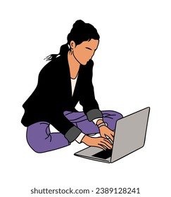 Young business woman working on laptop while sitting in the floor with legs crossed. Freelance, Online distant work, internet technologies concept. Vector outline drawing on white background.