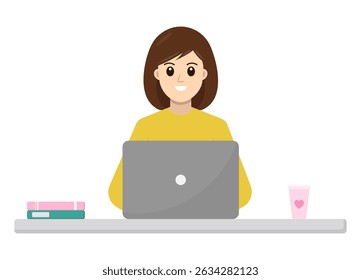 Young business woman working on laptop.Girl, office worker with computer, books and drinks on desk at the workplace.Vector graphic illustration cartoon.