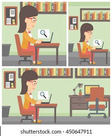 Young business woman working on her laptop in office and a magnifying glass coming out from screen. Concept of search. Vector flat design illustration. Square, horizontal, vertical layouts.