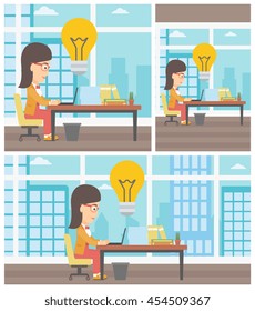 Young business woman working on her laptop in office and a big idea bulb above the table. Successful business idea concept. Vector flat design illustration. Square, horizontal, vertical layouts.