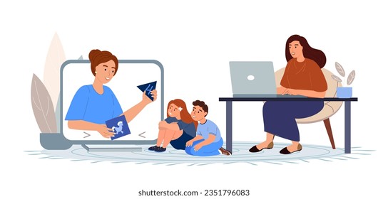 Mujer joven empresaria trabajando.Niñera en línea jugando con sus hijos.Madre independiente trabajando a distancia en una laptop en casa.Mujer empresaria en un decreto de cuidado infantil.Mamá en conferencia de seminario.Ilustración vectorial