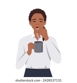 Young business woman yawning holding a cup of hot coffee with steam come out. Flat vector illustration isolated on white background