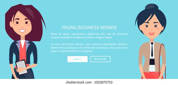Young business women colorful vector illustration with bright blue backdrop, pair of cheerful girls in official suit, white text sample, push buttons