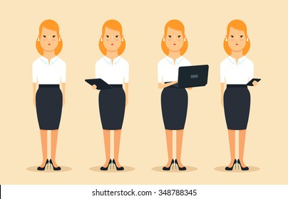 Young Business Women with Different Devices: Laptop, Tablet and Phone. Colorful Vector Set