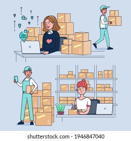 Young business women selling bags online There are orders every day. She has a courier And delivery to deliver products. vector illustration flat design