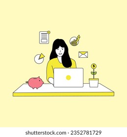 Young business women uses laptop looking at investment charts. Illustration of finance, business, investing and saving. Flat cartoon illustration. 