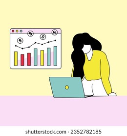 Young business women uses laptop looking at investment charts. Illustration of finance, business, investing and saving. Flat cartoon illustration. 