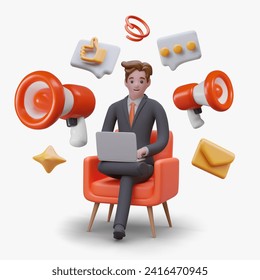 Young business worker sitting on armchair, holding laptop and working, flying megaphone, envelope, and messages. Vector illustration in 3d style with white background