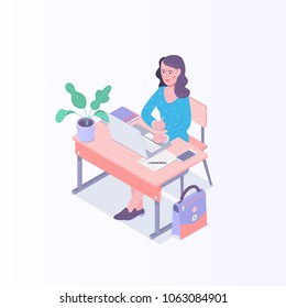 Young business working on nete book. Freelance concept.Vector isometric illustration