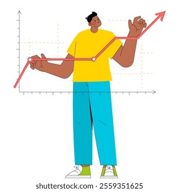 Young businessman adjusting a growth chart, showcasing progress and success in a corporate scenario. Vector illustration.