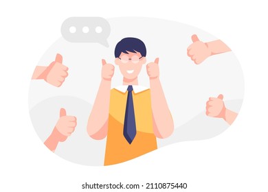 The young businessman was admired from anypeople with thump up, business successful concept, cartoon character, vector illustration