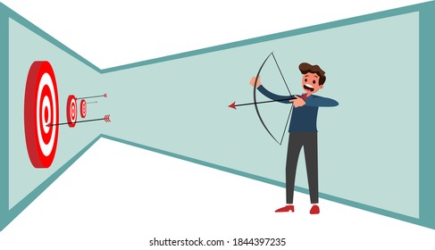 Young businessman aiming at a target with arrow vector flat illustration Goals, business concept and validity